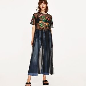 Zara maxi tulle mesh dress with floral embroidery